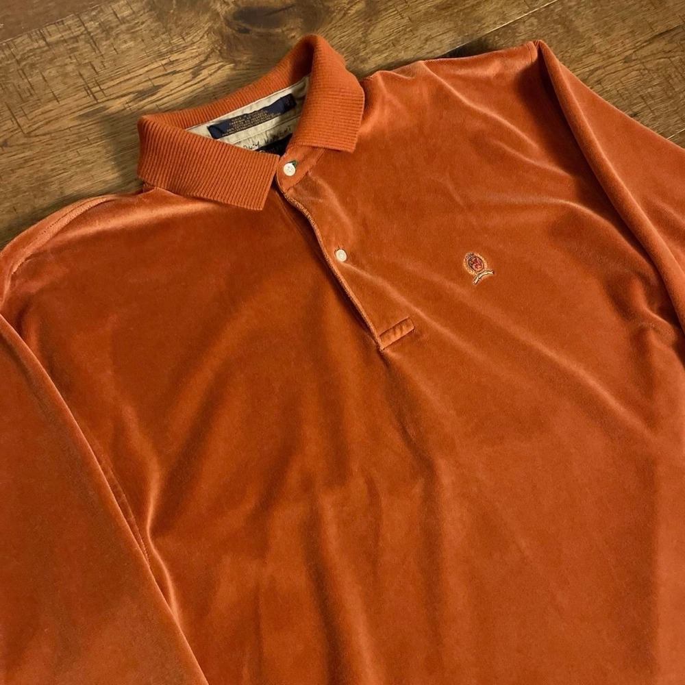 Tommy Hilfiger Polo Shirt Mens XL Orange Preppy Velour Long Sleeve Crest Logo